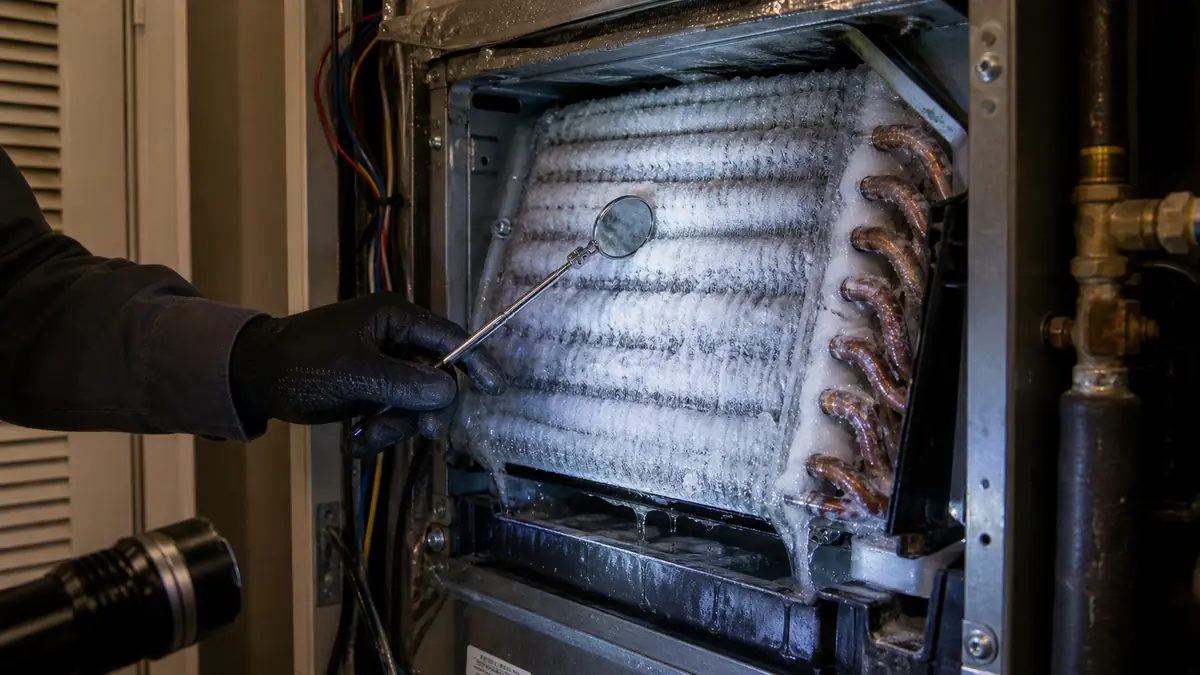 Iced Carrier evaporator coil at an air handler in the Media District, Burbank 91523