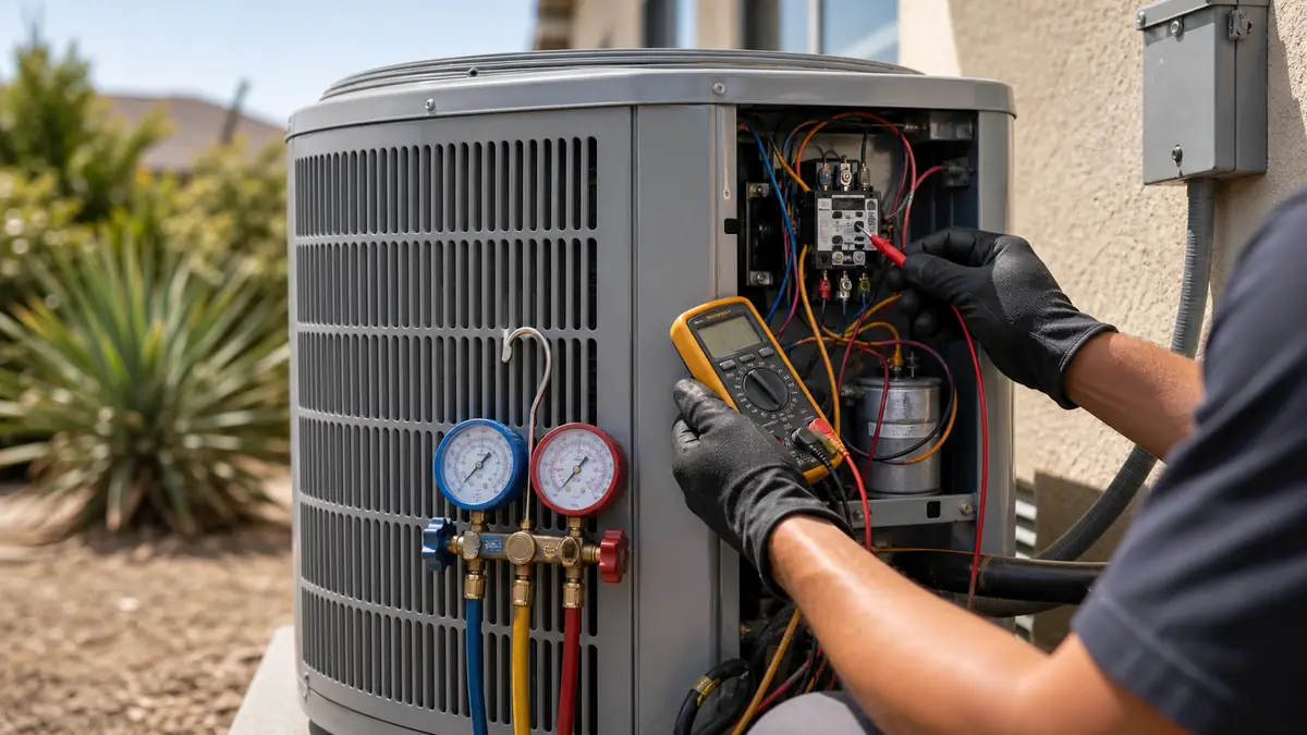 Technician metering a Carrier 26-series condenser capacitor in Magnolia Park, Burbank 91505
