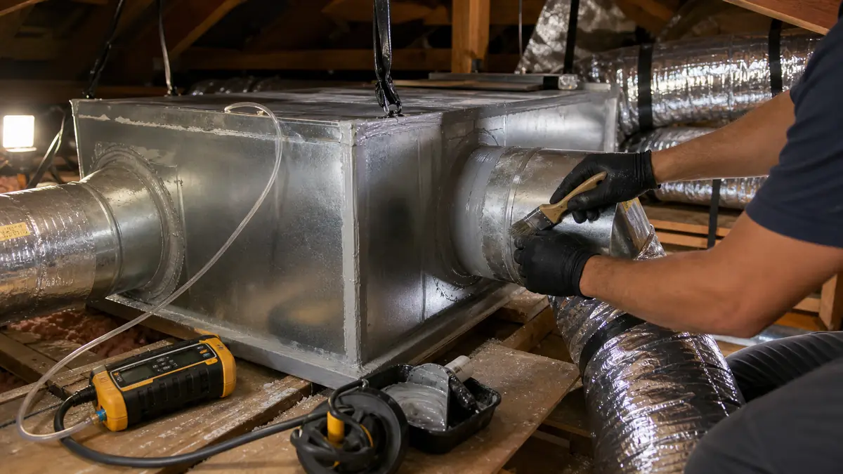 Sealed and mastic-coated attic ductwork in a 1930s Chandler Park home, Burbank 91506
